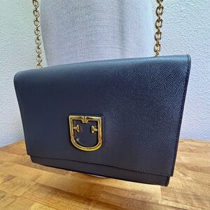 Furla 1927 Medium Gray Textured Leather Shoulder Bag Gold Chain Crossbody
